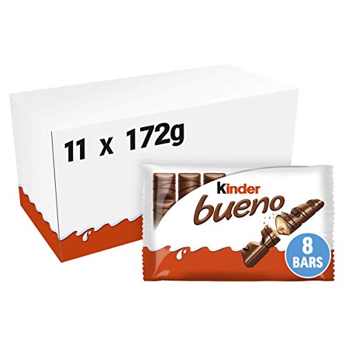 Kinder Bueno Wafer Twin Chocolate Bars, Bulk Chocolate Box, Gift Pack, Milk Chocolate Covered Wafer with Milky and Hazelnut Filling, Pack of 11 x 8 (88pcs) - Chocolate - 88 Pieces