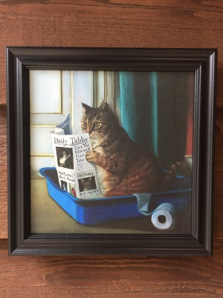 Cute framed picture of cat in the litterbox,cat lover, family cat, cat wall decor,kitten,handmade, litterbox, funny,tabby cat,newspaperhumor