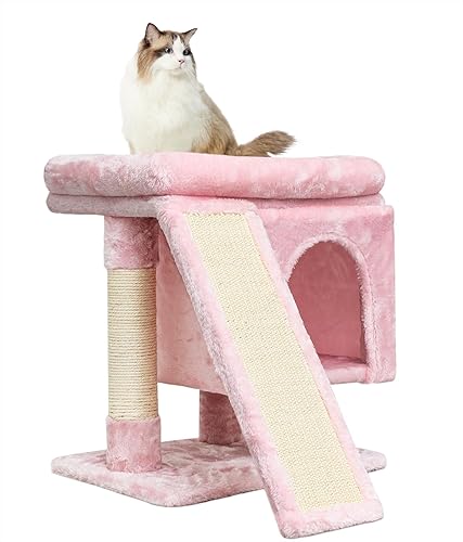 SYANDLVY Small Pink Cat Tree with Perch for Indoor Cats, Cat Tower with Scratching Post, Modern Activity House for Large Cats, Condo with Board, Kittens Cave - Pink