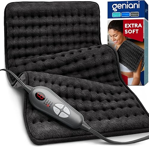 GENIANI Double Sided XL Heating Pad Electric for Lower Back Pain & Period Cramps Relief, Heat Pad with 6 Heat Settings for Neck & Shoulders, Heat Patches (12"x24" Jet Black) - XL 12"x24" - Jet Black/Gray