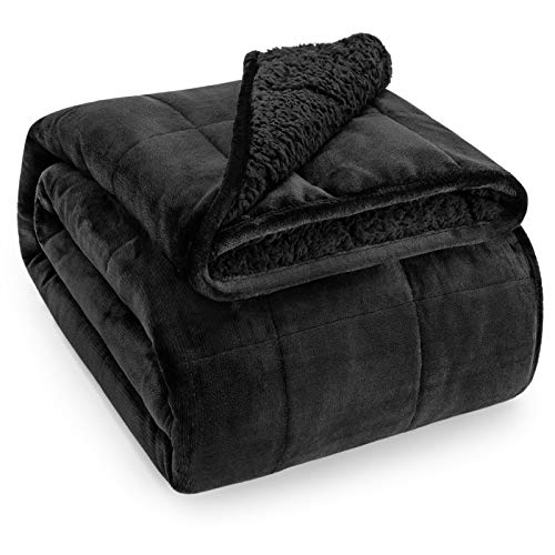 Wemore Sherpa Fleece Weighted Blanket for Adult 15 lbs Dual Sided Cozy Fluffy Heavy Blanket,Ultra Fuzzy Throw Blanket with Soft Plush Flannel Top,48 x 72 inches,Black on Both Sides - Black - 48" x 72" 15lbs