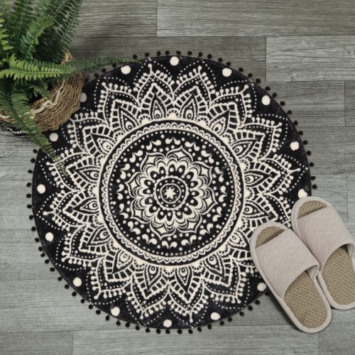 Boho Round Rug 90cm,Black Mandala Soft Bathroom Rug with Pom Pom Fringe, Non Slip Area Rug Fluffy for Entryway Living Room Bedroom Kids Room