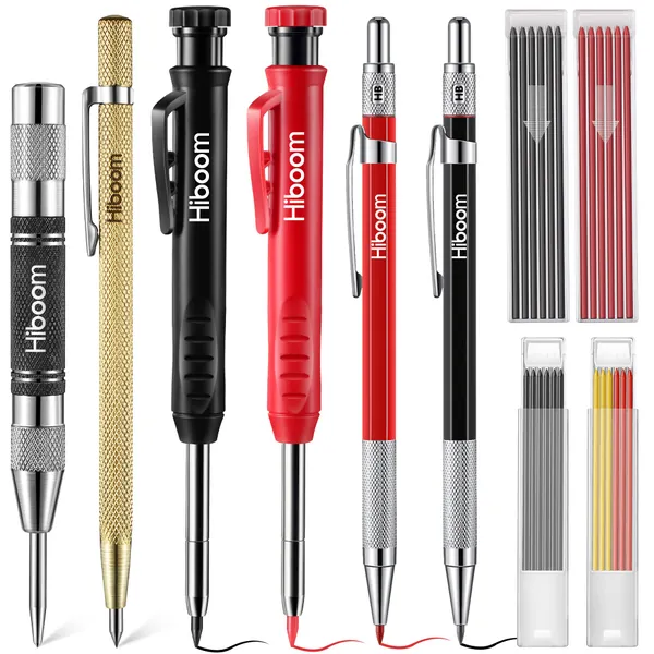 10 Packs Carpenter Scriber Marking Set, 6 Colorful Solid Carpenter Pencils with Sharpener and 36 Refills, Automatic Center Punch, Carbide Scribe Tool Kit for Construction Woodworking