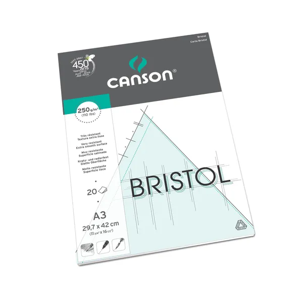 Canson Bristol 250gsm Paper, high-White & Ultra-Smooth, A3 pad Including 20 Sheets
