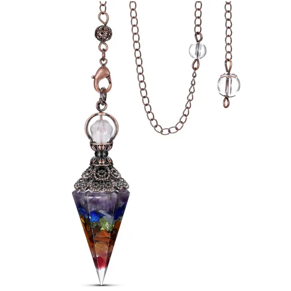 JSDDE 7 Chakra Resin Crystal Pendulum 6 Faceted Point Gemstone Reiki Healing Pendulums for Dowsing Scrying Divination Meditation