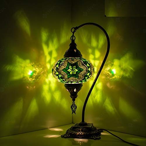 Turkish Mosaic Table Lamp,Stunning Moroccan Style, Unique Globe Lampshade, Swan Neck Series (Green Star)