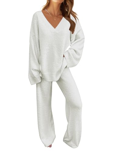 MEROKEETY Women's 2 Piece Outfits Fuzzy Fleece Pajama Set Long Sleeve Top Wide Leg Pants Loungewear - Small - White