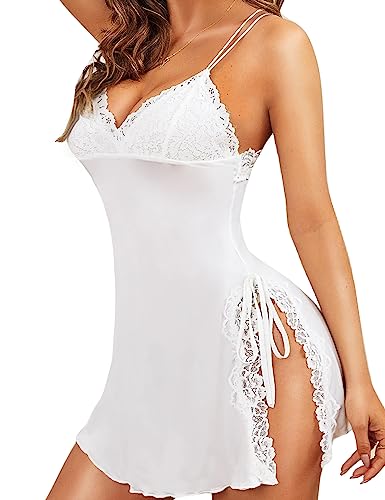RSLOVE Women Lingerie Sexy Chemise Lace Babydoll Side Split Full Slip Nightgown Modal Sleepwear Nighty - White - Small