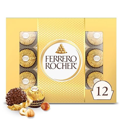 Ferrero Rocher, 12 Count, Gourmet Milk chocolate Hazelnut, Chocolate Gift Box, Individually Wrapped, 5.3oz