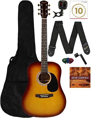 Fender Squier Dreadnought Acoustic Guitar Sunburst Bundle - With Gig Bag, Tuner, Strap, Strings, Winder, Picks, Lessons, and Instructional DVD - SA-150 - Sunburst