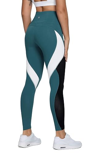 QUEENIEKE Women Yoga Pants Color Blocking Mesh Workout Running Leggings Tights 8030 - Teal - Medium