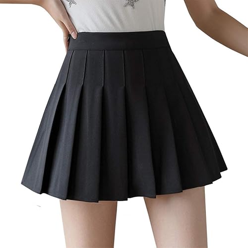 Girls Women High Waisted Pleated Skirt Plain Plaid A-line Mini Skirt Skater Tennis School Uniform Skirts Lining Shorts - Medium - Black