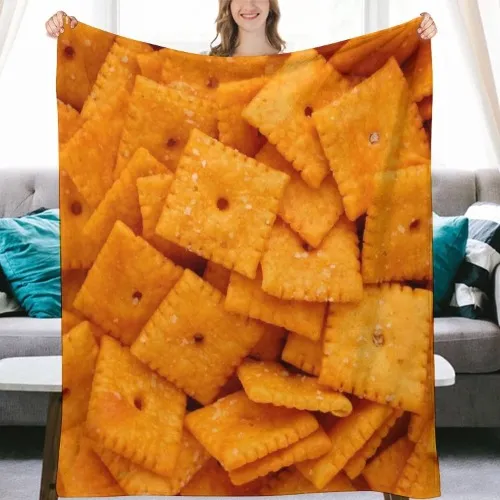 3D Funny Realistic Food Fried Bacon Flannel Fleece Throw Blankets 50"X40" Soft Cozy Fluffy Winter Fall Blanket Cozy Soft Fuzzy Plush Home Decor for Couch Bed Sofa Living Room Bedroom - Cheese Cracker 50"x40"