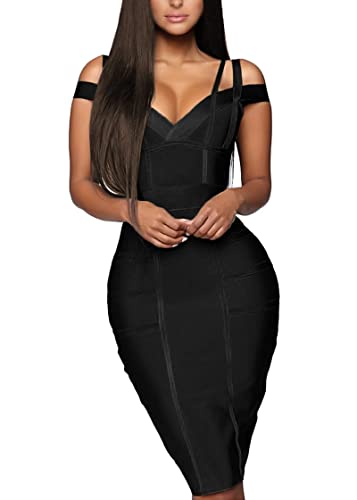 Hybrid Women Sexy Bodycon Stretch Knee Length Elegant Midi Bandage Dress for Party - Medium - Drbd132-black