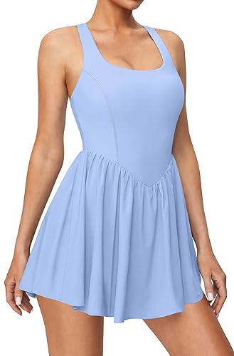 IUGA Tennis Dress with Built in Shorts and Bra Adjustable Straps Athletic Dress for Women Summer Golf Active Workout Dress - Medium - Light Blue