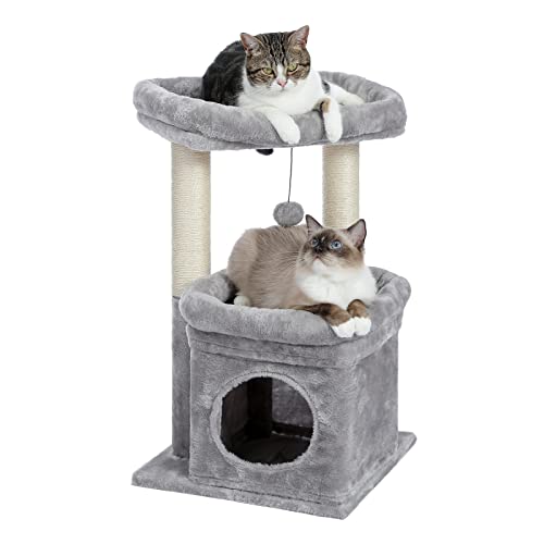 PAWZ Road Cat Tree, Multi-Level Cat Tower with Sisal-Covered Scratching Post, Cozy Cat Condo and Large Cat Perch for Indoor Cats - Small Edition Grey
