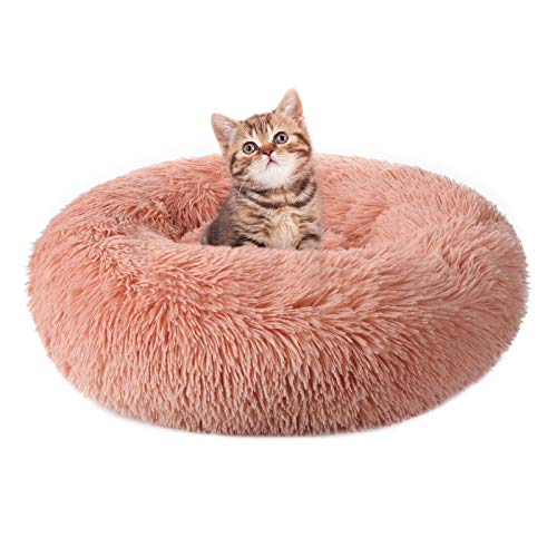 rabbitgoo Cat Bed for Indoor Cats, Soft Plush Donut Cuddler Cushion Pet Bed, Fluffy Round Bed, Self Warming Calming Bed for Small Dogs Kittens, Non-Slip, Machine Washable, Light Pink, M - 51L x 51W x 12H cm - Pink
