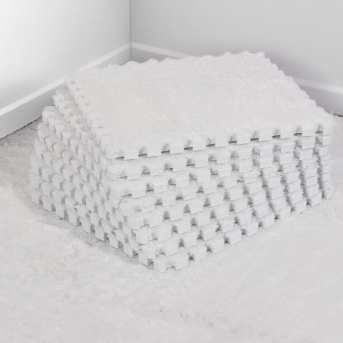 12 pcs Thickened Plush Foam Interlocking Floor Mat, Interlocking Foam Tiles with Edgings for Baby, Soft Anti-Slip Puzzle Area Square Rug Playmat for Children Room Bedroom(11.8", White) - White
