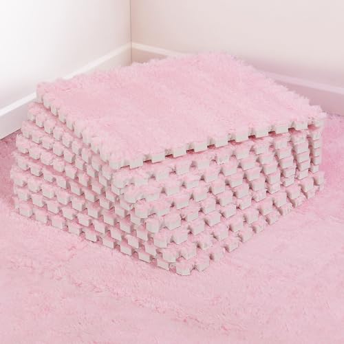 12 pcs Thickened Plush Foam Interlocking Floor Mats, Foam Mats for Floor Baby with Edgings, Soft Anti-Slip Puzzle Area Rug Playmat, Square Foam Tiles for Room Flat (11.8", Pink) - Pink