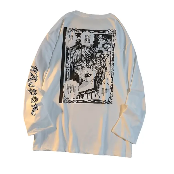 Gothic Cartoon Horror Graphic T-Shirt Women Character Print Loose Punk Japanese Pullover Top Harajuku Street Tees … - White Large