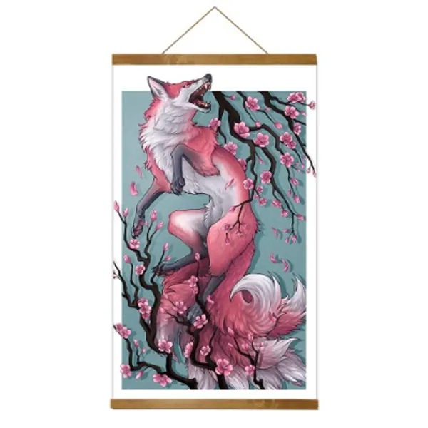Japanese wall art fox and sakura print poster retro canvas japanese art wall decor living room bedroom office restaurant magnetic scroll wooden frame (16x27inch) can be hung