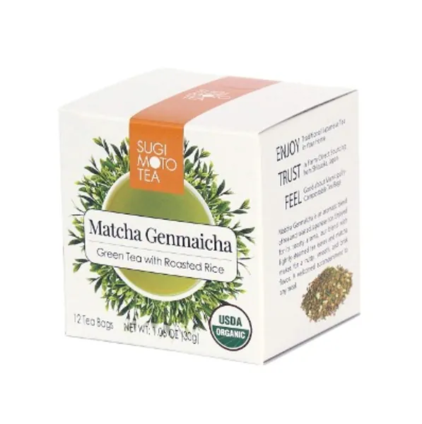 Sugimoto Tea - Organic Genmaicha - Authentic Japanese Green Tea - with Roasted Rice - Antioxidants, Caffeine, L-Theanine - 12 Count Pyramid Bags