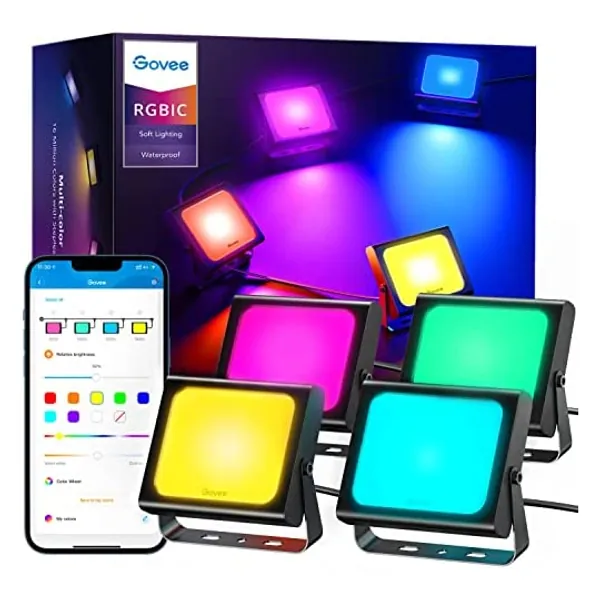 
                            Govee Flood Lights Outdoor, RGBIC Smart Flood Lights 4 Pack with App Control, Color Changing 2700-6500K Led Stage Lights Works with Alexa, IP66 Waterproof 28 Scene Modes DIY Mode for Christmas Yard
                        