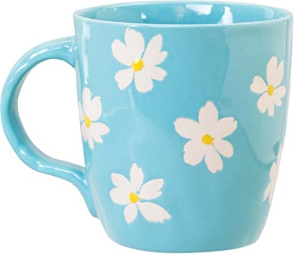 WORLD TRAVELER Eccolo Daisies Ceramic Coffee Mug, White and Blue Floral Handpainted Stoneware Tea Cup with Handles, Microwave, Dishwasher Safe, Medium Size Hot Drinking Cup - 16 Oz | 473 ml - Blue Daisies