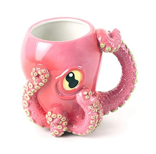 GLDOGO 3D Pink Octopus Ceramic Mug,Novel Handmade Octopus Shaped Statue Cup,Festivals or Birthday Gifts for Coffee and Milk Tea Enthusiasts