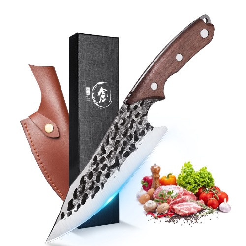 DRAGON RIOT Kochmesser Japanisch Wikinger Messer Handgeschmiedet Ausbeinmesser Profi Küchenmesser Scharf Hackmesser Outdoor Messer mit Lederscheide Japanisches Messer für Küche Camping Grill BBQ - Hellbraun
