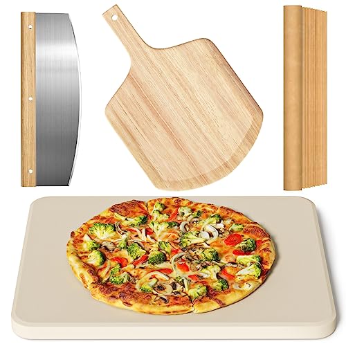 4 PCS Rectangle Pizza Stone Set, 15" Large Pizza Stone for Oven and Grill with Pizza Peel(OAK), Pizza Cutter & 10pcs Cooking Paper for Free, Baking Stone for Pizza, Bread,BBQ