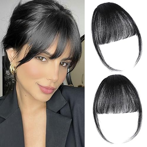 ELEFOCUS Clip in Bangs 100% Real Human Hair Extensions Wispy Natural Black Fake Bangs Hair Clip on bangs for women Fringe with Temples Hairpieces Faux Bangs for Daily Wear - Wispy Bangs - Natural Black