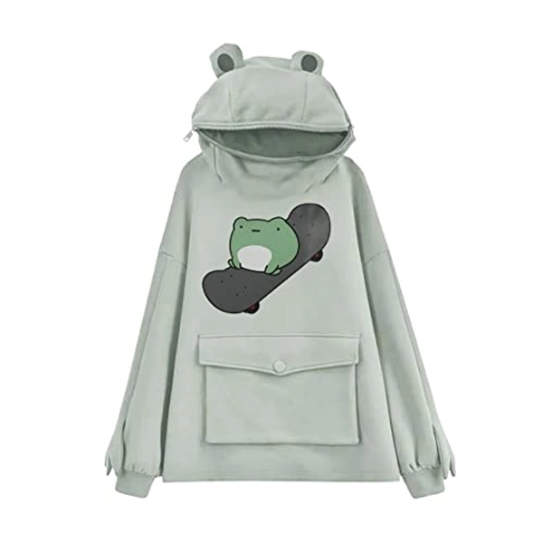 RGOSME Frog Hoodie Teen Girls Cute Oversized Graphic Hoodies Women Sweatshirt Cosplay Costume Pullover Tops - XX-Small - Dark Green