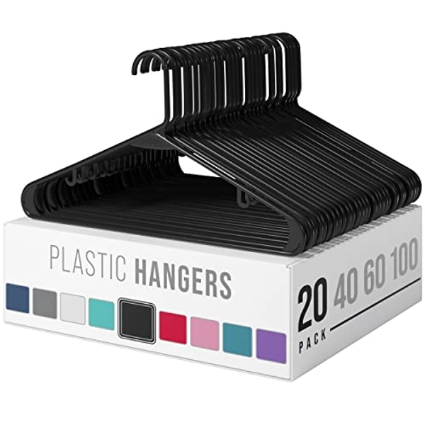 Clothes Hangers Plastic 20 Pack - Black Plastic Hangers - Makes The Perfect Coat Hanger and General Space Saving Clothes Hangers for Closet - Percheros Ganchos para Colgar Ropa Hangars - Black - 20