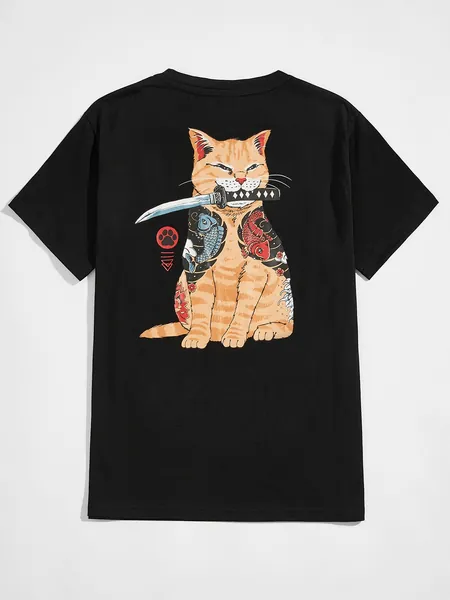 ROMWE X Vincenttrinidadart Guys Cat Graphic Print Back Tee