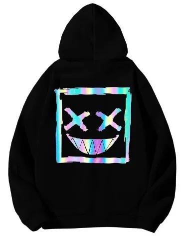 Reflective Cartoon Graphic Drop Shoulder Drawstring Hoodie
