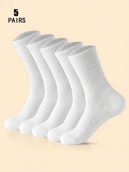 5 Pairs Men's Trendy Breathable Simple White Athletic Mid-Calf Socks With Vertical Stripe Design And Non-Slip Cuff, Suitable For Daily & Outdoor Wear