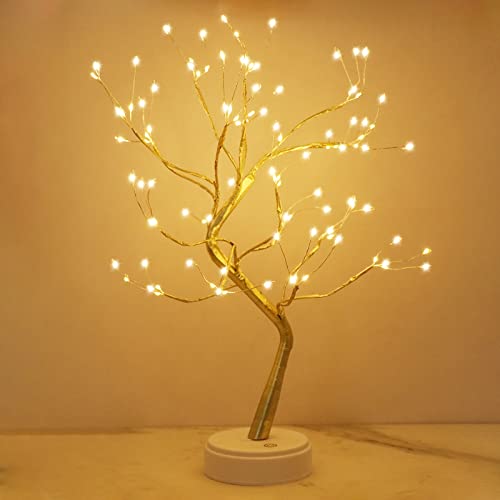 Kinamy LED Baum Lichter, LED Lichterbaum, Baum Licht Warmweiß Verstellbare Äste, 108 LED Baum Lampe Dekobaum Belichtet Baumbeleuchtung Innen Deko,USB/Batteriebetrieben - A-gold