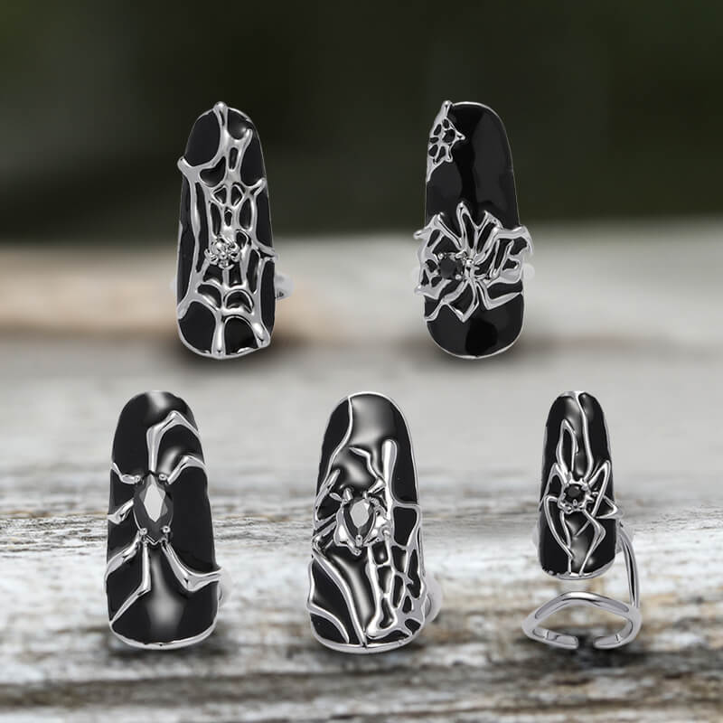 Goth Spider Alloy Animal Nail Rings - Set (5 pcs) / Adjustable Size