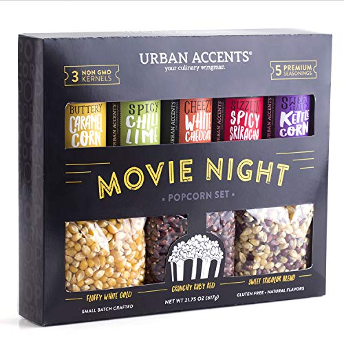 Urban Accents MOVIE NIGHT Popcorn Kernels and Popcorn Seasoning Variety Pack (set of 8) - 3 Non-GMO Popcorn Kernel Packs and 5 Gourmet Popcorn Snack Seasoning - 8 Piece Set