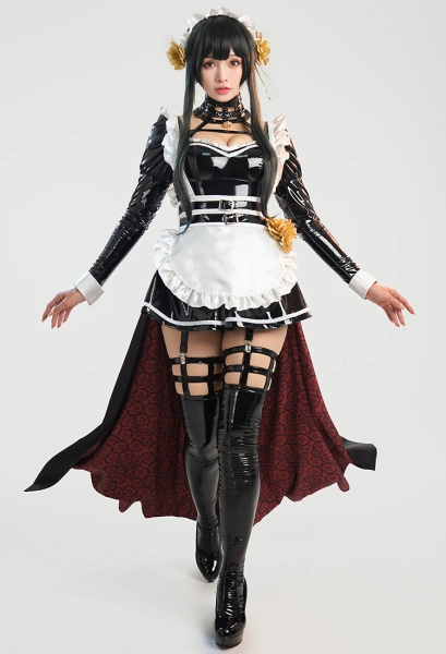 Spy House Thorn Derivative Sexy Maid Costume Halloween Maid Dress and Apron with Headband and Thigh Socks