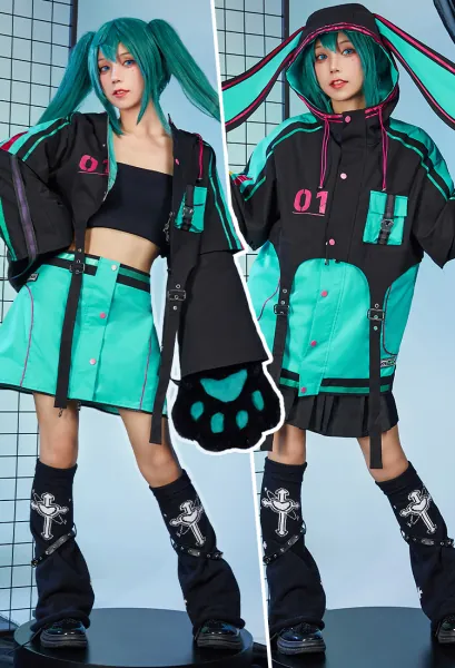 Vocal Derivative Black Green Pullover Hoodie Jacket and Detachable Skirt Set Motorcycle Suit Style Clubwear with Furry Cat Paw Bag