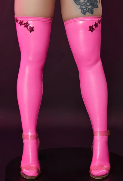 Sexy Shiny Thigh Socks PU Elastic Shaping Stretchy Pink Thigh High Stockings