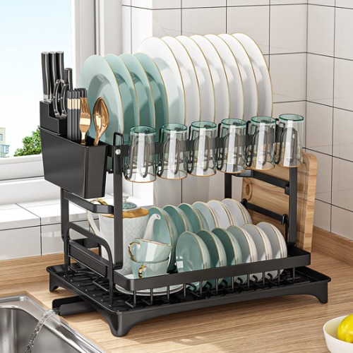 REASOR 2 Tier Dish Drying Rack Set, 360 Degree Rotating Drainer, 304 Stainless Steel Cutlery Rack for Kitchen Countertop with Draining Board, Cutting Board Holder, Cup Holder, Cutlery Rack