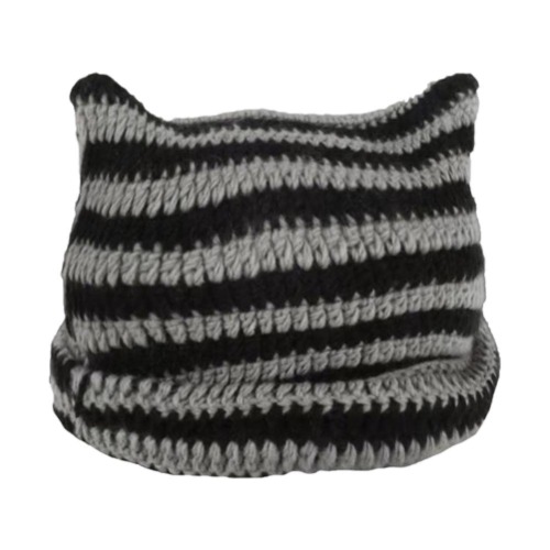 Women Striped Beanie Cute Cat Ear Little Devil Hat Winter Warm Soft Knitted Slouchy Beanie Hat Crochet Ski Cap