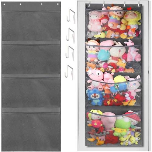 Stuffed Animal Storage Bag Over The Door Stuff Animals Organizer with 4 Large Pockets Hanging Mesh Bags Plush Toys Bedroom Nursery Kids Toy Holder