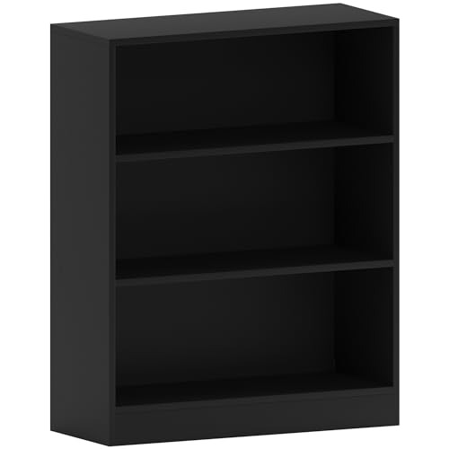 Vida Designs Cambridge 3 Tier Low Bookcase, Black Wooden Shelving Display Storage Unit Office Living Room Furniture - Black