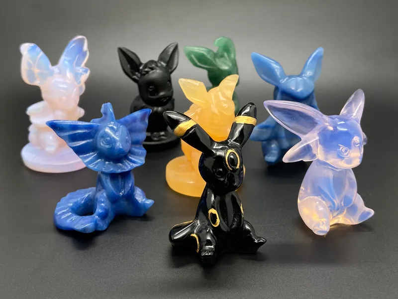 9PC Natural Hand carved Crystal Eevee，Crystal Eevee，crystal decor，Quartz Crystal，Cartoon character，Carved Crystal ornament，Crystal healing