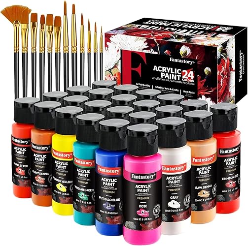 Fantastory Set de peintures acryliques avec 24x60ml et 12 pinceaux, peintures résistantes à l'eau, non décolorantes et non toxiques, adaptées pour la toile, le bois, la céramique