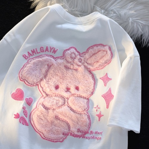 Pink Bunny Fluffy Tee - White / L